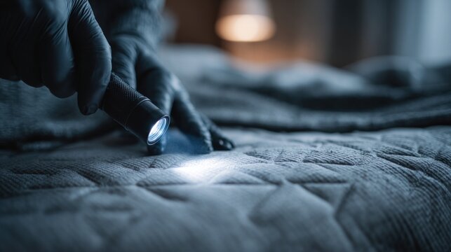 Person carefully inspects mattress using flashlight searching for bedbugs revealing pest control awareness and home maintenance inspection