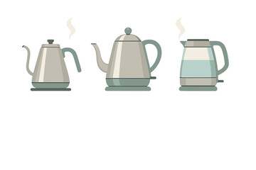 Collection of modern electric kettles and gooseneck pour-over coffee pots steaming on white background