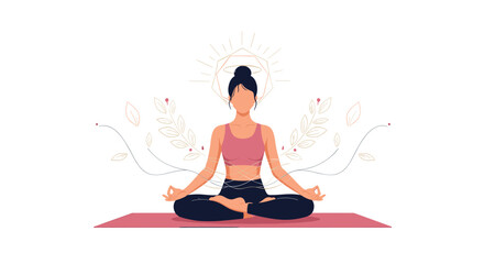 A woman meditating on a yoga mat with intricate decorative elements in the background.