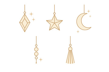 Minimalist hanging celestial and geometric ornaments in beige and gold line art