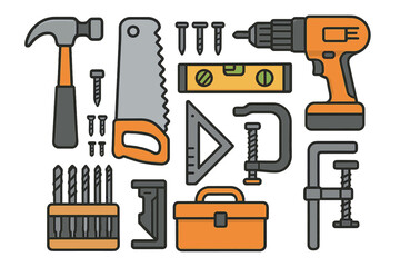Collection of essential hand tools and power equipment for construction and home repair projects