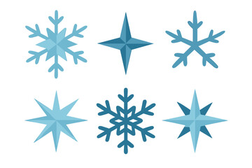 Set of six blue stylized winter symbols featuring different snowflake designs and star shapes