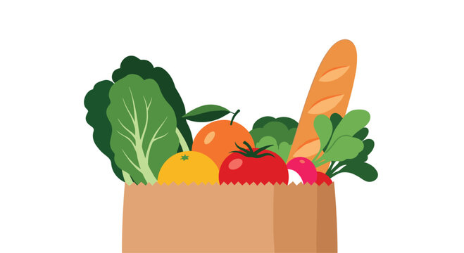 A paper bag overflowing with fresh produce and bread.