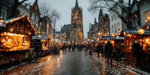 Naklejka premium A bustling European Christmas market filled with glowing stalls