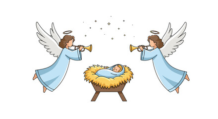 Two angels blow trumpets announcing the birth of baby Jesus in a manger.