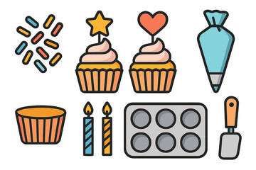 Collection of colorful cupcakes, baking tools, sprinkles, candles, and muffin pan