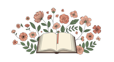 An open book blooming with a garland of flowers and leaves.