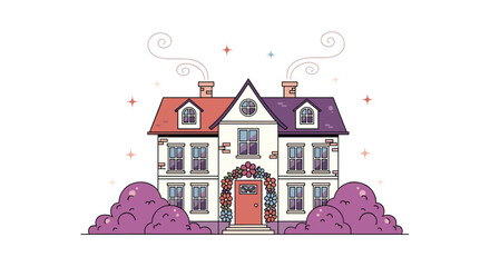 Charming two-story house with a welcoming floral entrance and lush green bushes.