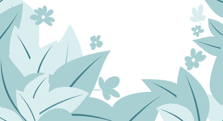 A gentle floral border with soft blue leaves and scattered tiny blossoms forms a peaceful frame.