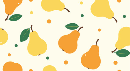 A cheerful pattern featuring various sizes of yellow and orange pears scattered across a light cream background with scattered green and orange dots and green leaves.