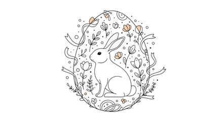 A delightful hand drawn easter bunny peeking from inside a decorative egg. 