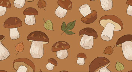 A seamless pattern featuring delicious edible porcini mushrooms and autumn leaves.