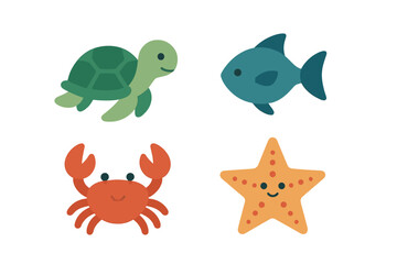 Adorable smiling sea turtle, blue fish, red crab, and yellow starfish set