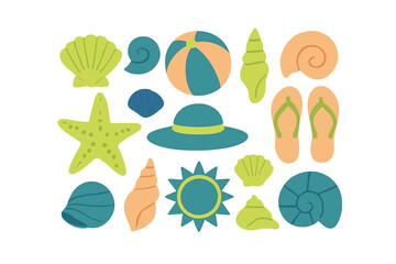 Colorful collection of summer beach vacation essentials: seashells, starfish, sun hat, and flip-flops