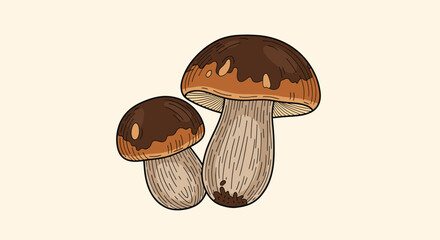 Two brown capped wild mushrooms growing together on a beige background illustration.