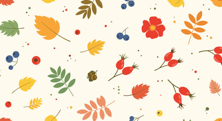 A beautiful pattern with various autumn leaves and berries in muted colors.
