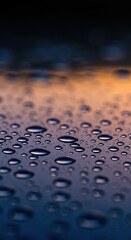Glistening water drops reflecting the soft, fading light of the approaching evening, creating a serene and contemplative atmosphere ,clarity ,twilight ,serene