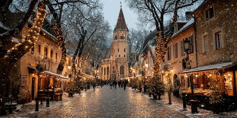 A bustling European Christmas market filled with glowing stalls