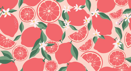 A repeating pattern of pink grapefruits and leaves with small white flowers.
