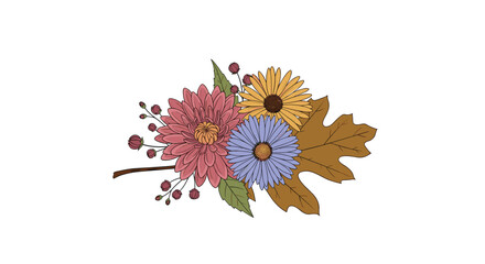 Autumn floral arrangement with fall leaves and berries on a branch.