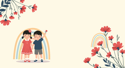 Two happy children holding hands under a rainbow in a garden with flowers.