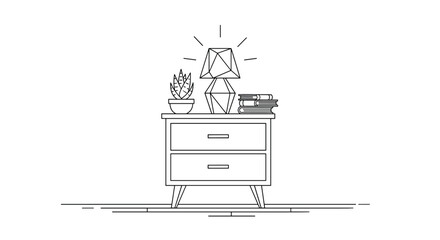 A minimal line art illustration of a bedside table with a lamp a plant and books.