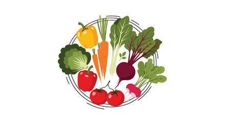 A vibrant circular arrangement of fresh garden vegetables offering a colorful bounty of healthy eating options.