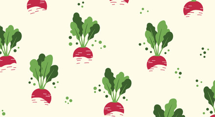 A delightful pattern featuring fresh radishes with green leafy tops on a cream background.