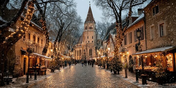 A bustling European Christmas market filled with glowing stalls