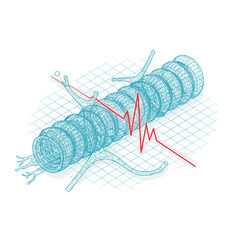An intricate wireframe illustration of a biological neural structure, possibly an axon, with a red waveform symbolizing electrical impulses and nerve communication.