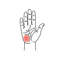 A minimalist line art illustration of an open human palm with intricate palmistry lines, highlighting a red target symbol, representing destiny or a specific focal point.
