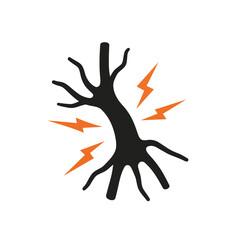 A stark black illustration of a branching nerve structure is surrounded by intense orange lightning bolts, representing acute pain or neurological distress.