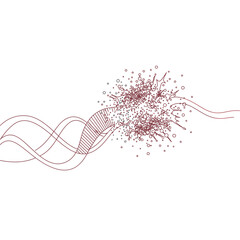 An abstract illustration depicts a genetic DNA helix unraveling and exploding into particles, symbolizing mutation, damage, or scientific research.
