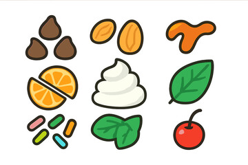 Colorful collection of dessert toppings and garnishes including chocolate chips, whipped cream, fruit, and nuts