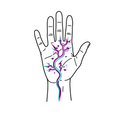 A vibrant, glitch-effect nerve pathway illustrates the intricate connection between human anatomy and digital technology within an outlined palm.
