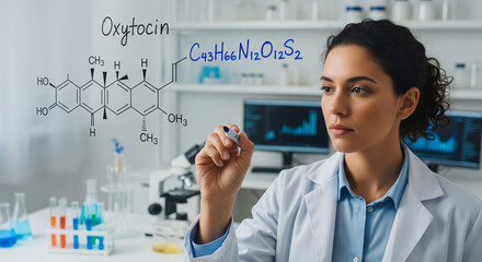 scientist examines oxytocins molecular structure in lab setting