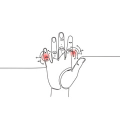 A minimalist continuous line drawing depicts hand joint pain, highlighting areas of discomfort often indicative of arthritis or other musculoskeletal issues.