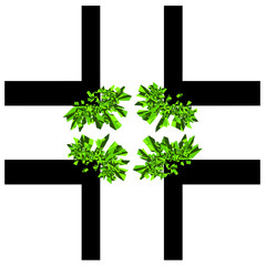 Vibrant green abstract growths burst from the intersections of a bold black geometric grid, creating a striking contrast against a clean white minimalist background.