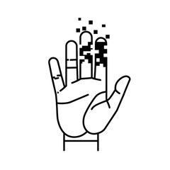 A minimalist line art illustration of a human hand with fingers dissolving into digital pixels, symbolizing technology's impact on identity.