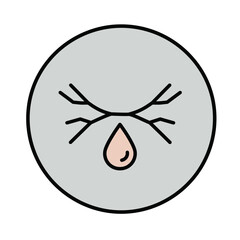 A minimalist icon symbolizing profound sadness or emotional distress, featuring closed eyes and a single falling teardrop on a grey background.
