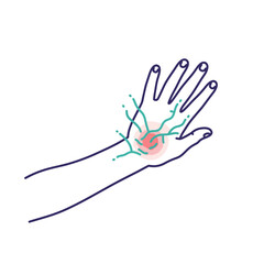 A minimalist illustration depicts a human hand experiencing localized pain and inflammation, with radiating lines symbolizing nerve discomfort or medical issues.