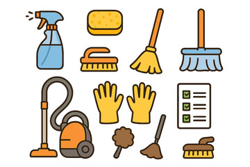 Set of essential household cleaning tools and equipment including vacuum cleaner and spray bottle