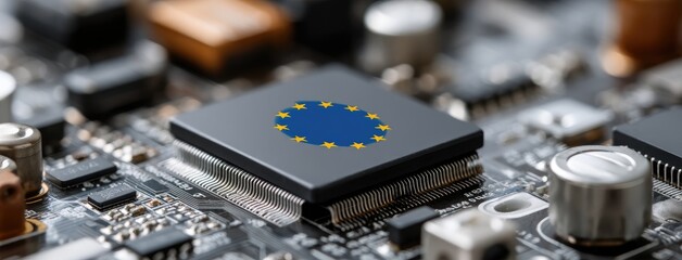 Close-up of a computer chip featuring the European Union flag, showcasing technology and digital innovation in a modern circuit board