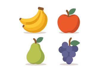 Set of popular fruits including banana, red apple, green pear, and purple grapes