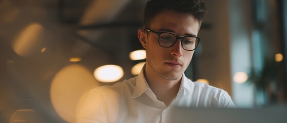 The Young Man Working on Laptop in Cozy Office with Bokeh Lights