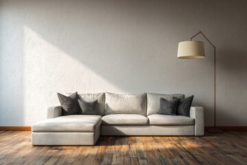 A modern sectional sofa and floor lamp are illuminated by sunlight.