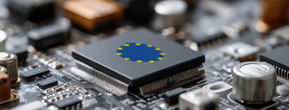 Close-up of a computer chip featuring the European Union flag, showcasing technology and digital innovation in a modern circuit board