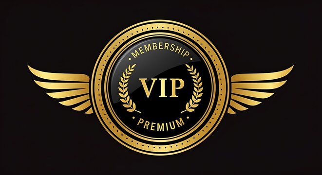 Elegant golden vip emblem with wings and laurel wreath on black background
