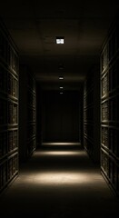 Gloomy underground space with limited light, casting long shadows. An atmospheric, unsettling environment suggesting forgotten storage or mystery ,neglected ,solitude ,building