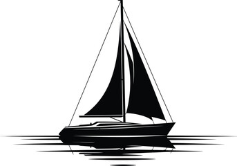Minimalist black silhouette of a sailboat gliding on calm ocean waves perfect for travel and nautical themed graphic design projects